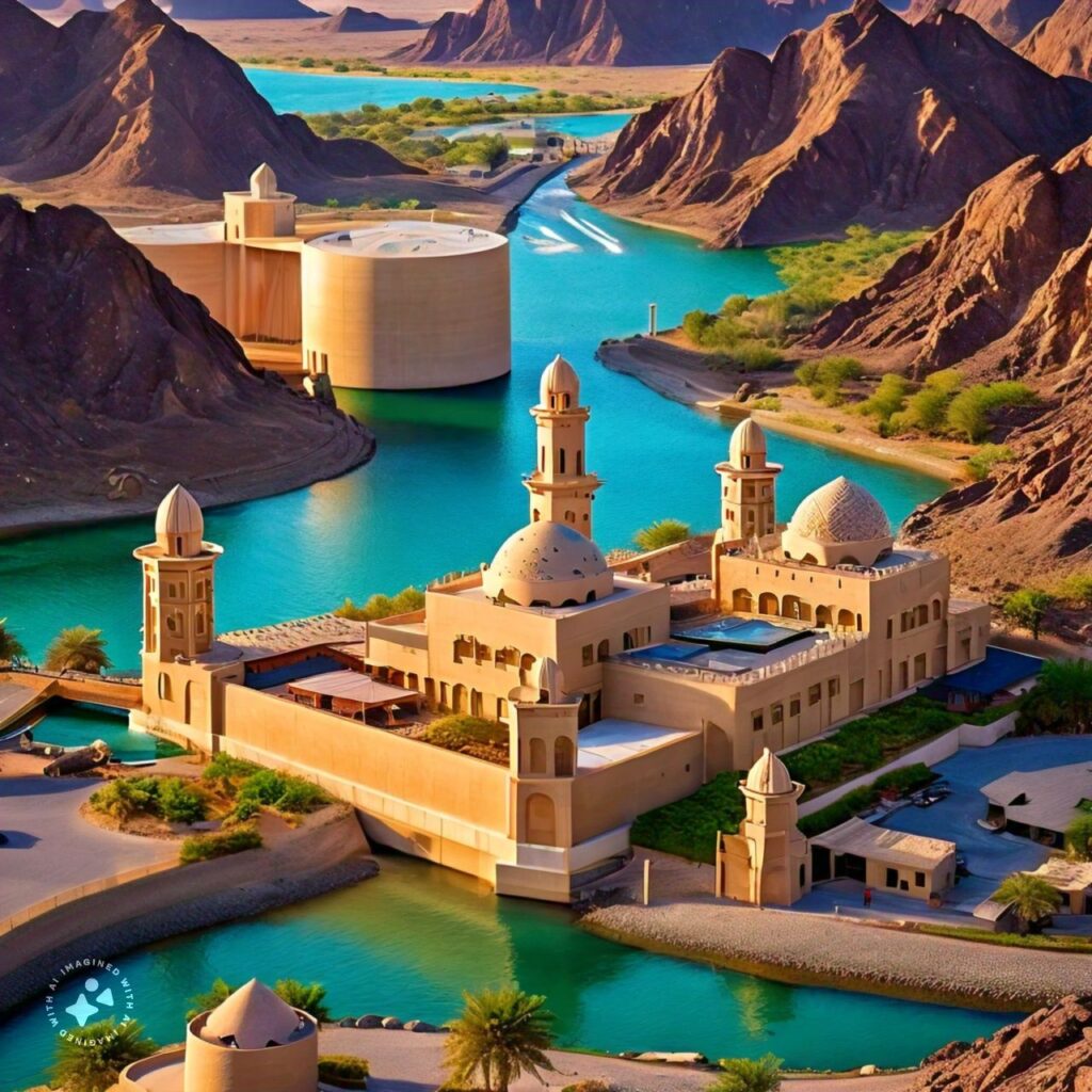 Scenic view of Hatta with a mosque, mountains, and water reservoir - Hatta Tour by Royal Viking Tourism Dubai