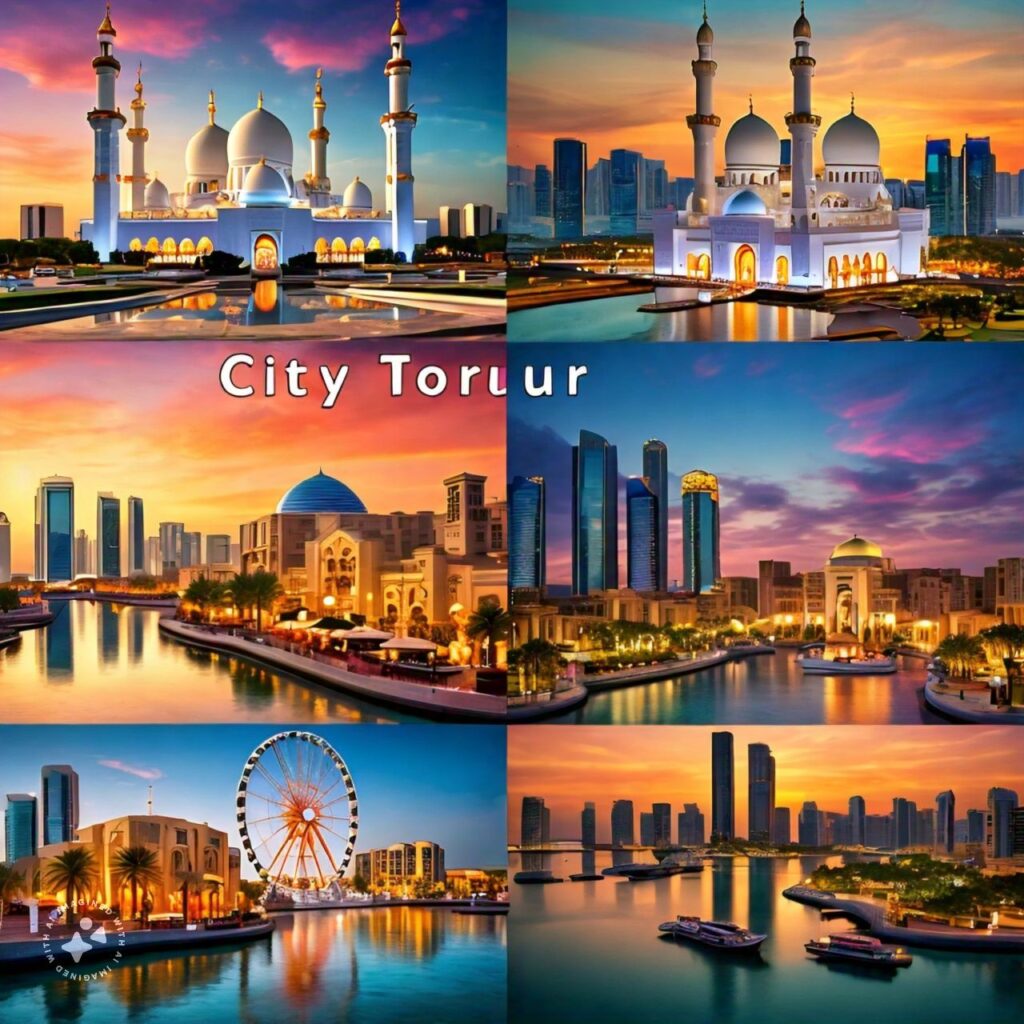 Collage of Abu Dhabi landmarks for Royal Viking Tourism's city tour