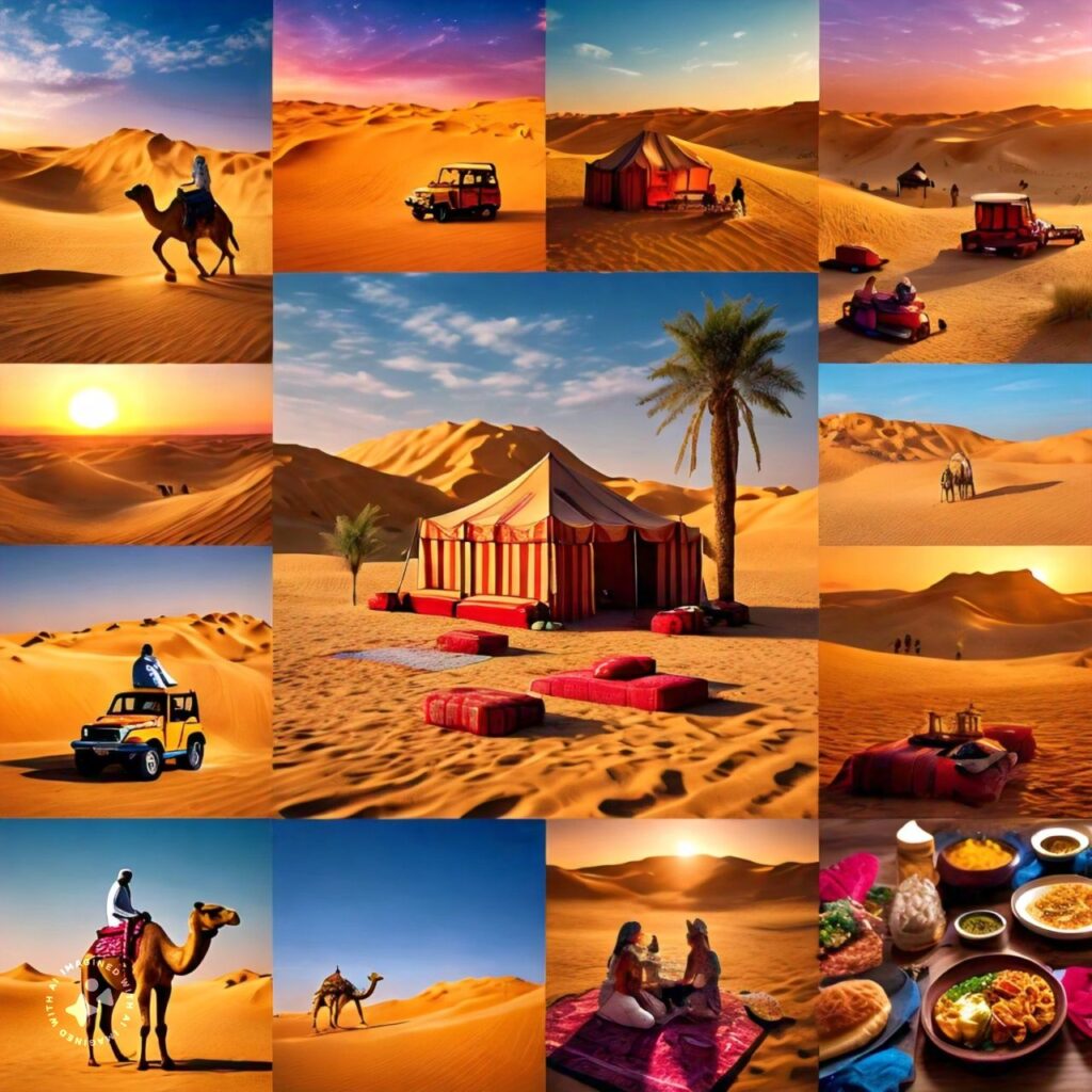 Royal Viking Tourism Dubai Desert Safari tour featuring camel rides, dune bashing, traditional camp setup, and desert sunset.