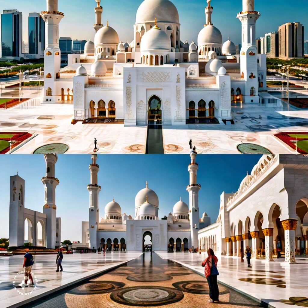 Tourists exploring the Sheikh Zayed Grand Mosque and other landmarks during the Abu Dhabi Full Day City Tour.