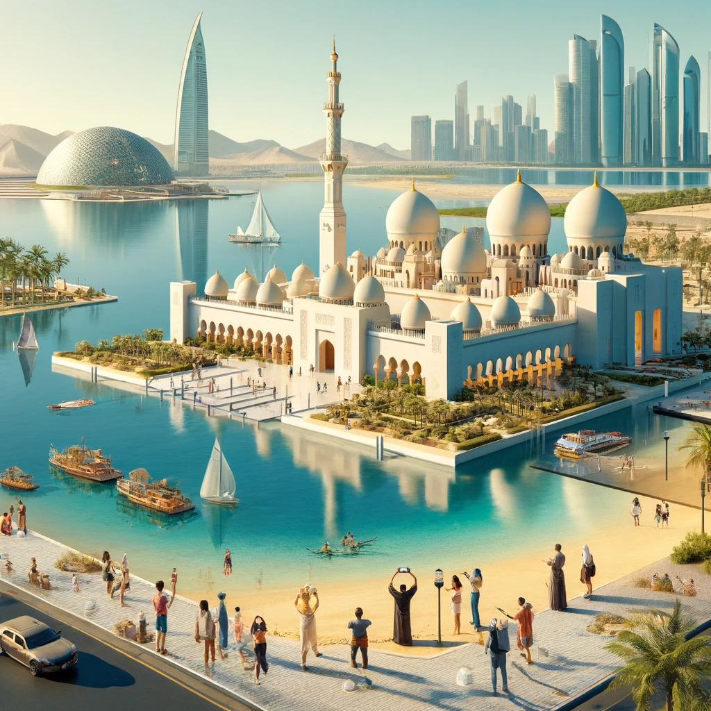 A realistic image showcasing top tourist attractions in Abu Dhabi, including Sheikh Zayed Grand Mosque, Louvre Abu Dhabi, and Emirates Palace with tourists enjoying the attractions.