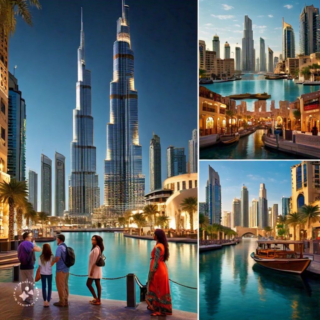 Tourists exploring Burj Khalifa, Dubai Marina, and traditional souks during a Dubai city tour, capturing modern and heritage landmarks.