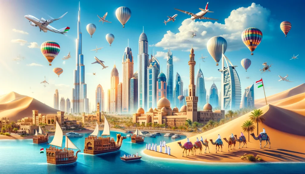 Realistic image showcasing Dubai's Burj Khalifa, Burj Al Arab, Sheikh Zayed Grand Mosque, Atlantis The Palm, Dubai Marina, desert safari with camels, traditional dhow boats on Dubai Creek, hot air balloons, and skydiving activities.