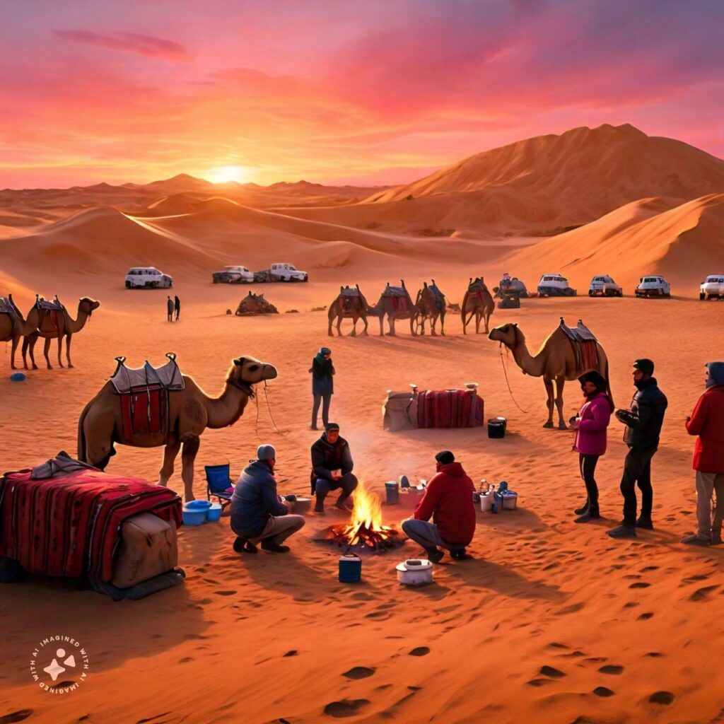 Group enjoying an evening desert safari in Dubai with camels, campfire, and stunning sunset, organized by Royal Viking Tourism.