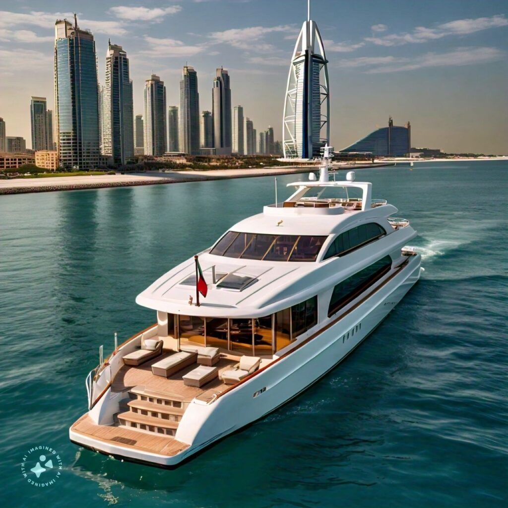 Luxury yacht ride along Dubai's coastline with passengers enjoying views of Burj Al Arab and the city's skyline, Arabian Gulf backdrop.