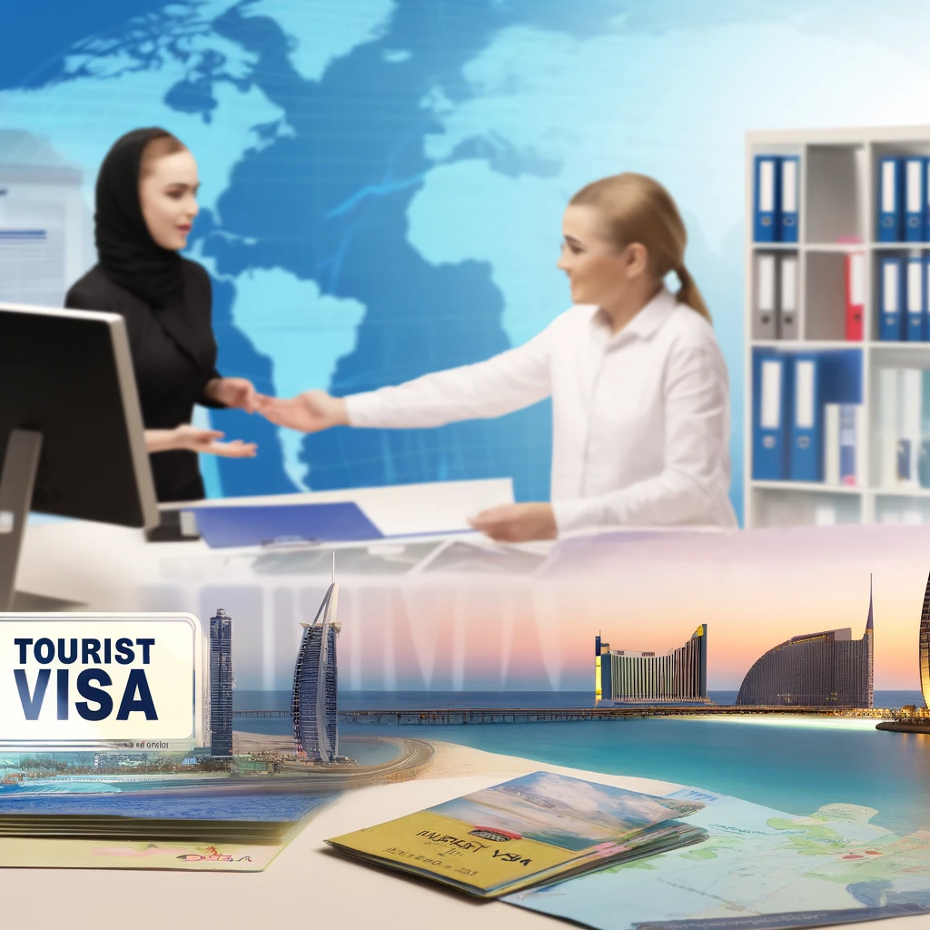 Realistic image showcasing the process of obtaining a UAE tourist visa, focusing on Dubai with landmarks like Burj Khalifa, Burj Al Arab, and Palm Jumeirah, in a travel agency setting with a friendly agent and travel brochures.