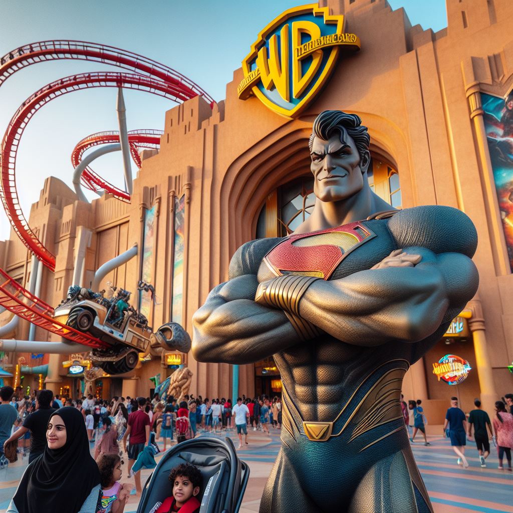 Families enjoying themed rides and attractions at Warner Bros Abu Dhabi, featuring a statue resembling Superman and vibrant park activity.