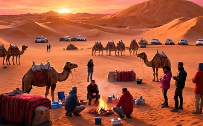 Group enjoying an evening desert safari in Dubai with camels, campfire, and stunning sunset, organized by Royal Viking Tourism.